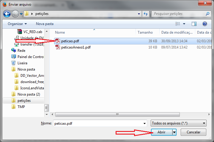 Escolher em seu computador o documento PDF da petição que deseja enviar.