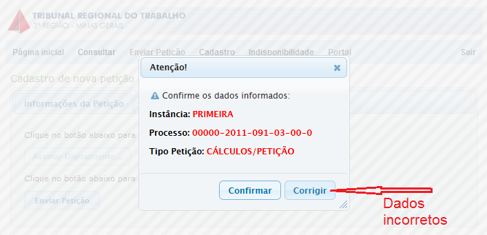 Clicar no botão Corrigir se os dados informados não estiverem corretos.