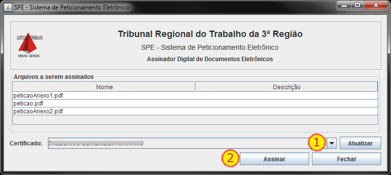 Escolher o Certificado. Clicar no botão Assinar.