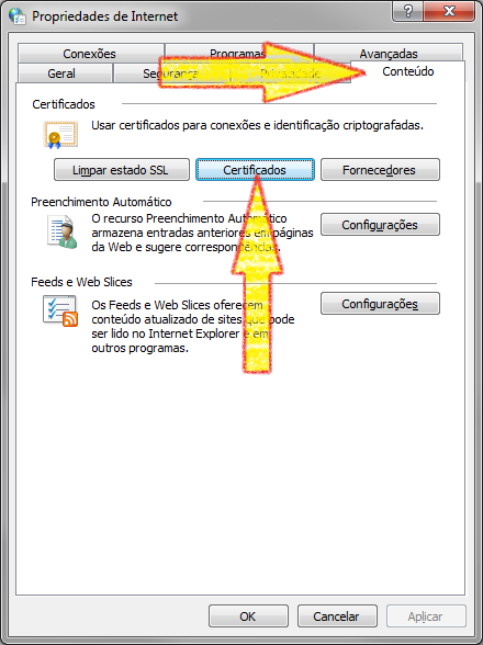 Clicar na aba Conteúdo. Clicar no botão Certificados.