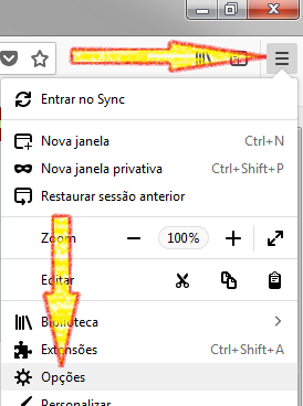 Menu Opções do Firefox