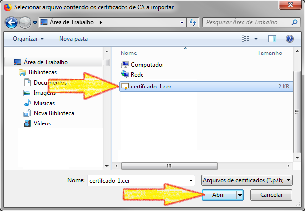 Será aberta uma janela com o título "Selecionar arquivo contendo os certificados de CA a importar".  Selecionar o arquivo exportado nos passos anteriores e abrir.