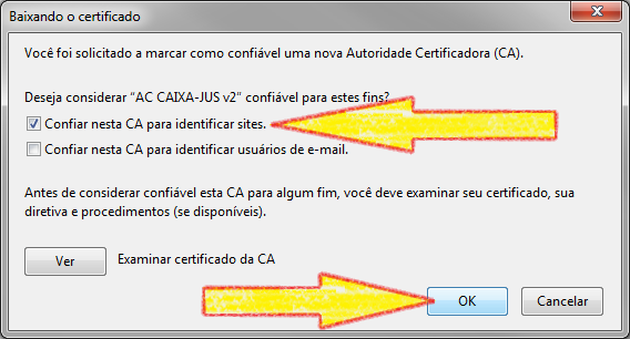 Será aberta uma janela com o título "Baixando o certificado".  Marcar a opção Confiar nesta CA para identificar sites..