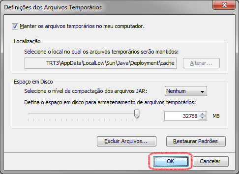 Clicar no botão OK para fechar a janela "Definições dos Arquivos Temporários".