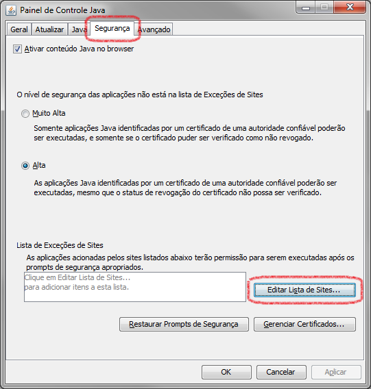 Clicar no botão Editar Lista de Sites....