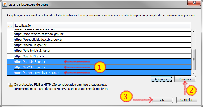 emover (se existir) as linhas que fazem referência aos endereços:  as1.trt3.jus.br  as2.trt3.jus.br  as3.trt3.jus.br  assinadorweb.trt3.jus.br  portal2.trt3.jus.br