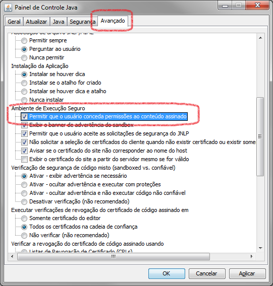 Baixar a barra de rolagem até o item Ambiente de Execução Seguro.  Marcar a opção Permitir que o usuário conceda permissões ao conteúdo assinado.
