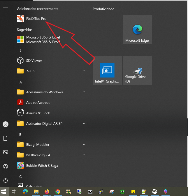 Menu iniciar do Windows indicando o pjeoffice pro instalado