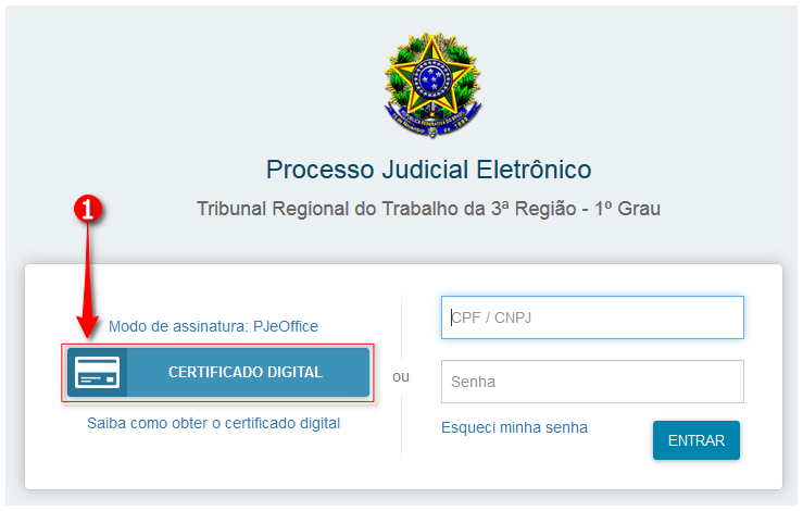 Página inicial do PJe - Certificado Digital