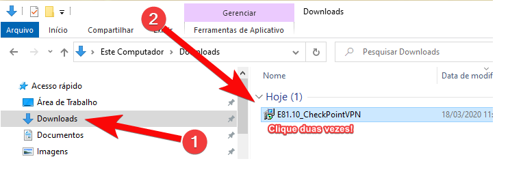 Tela do Explorador de arquivos do Windows mostrando o local de download do arquivo do programa Checkpoint