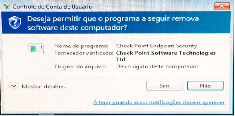 Quinta tela de instalação do Checkpoint solicitando a autorização para alterações no computador