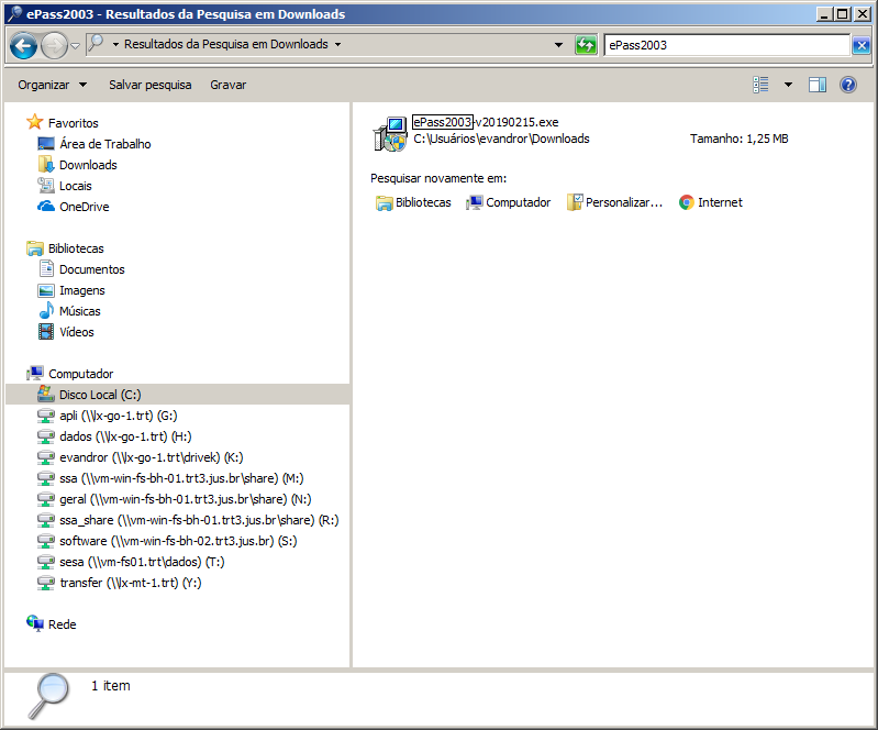 Janela do windows explorer - localizar o arquivo ePass2003.exe na pasta Downloads