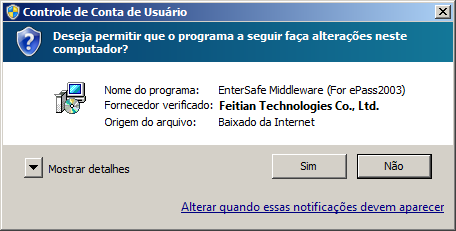 Janela de Controle de Conta de Usuário: clicar em Sim