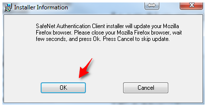 Captura de tela mostrando a tela de instalação do cliente SafeNet Authentication no Firefox, com a opção de avançar marcada pelo botão OK.