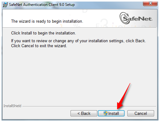 Captura de tela de instalação do SafeNet Authentication Client com destaque para o botão 'Install', utilizado para iniciar a instalação do software de autenticação de clientes.