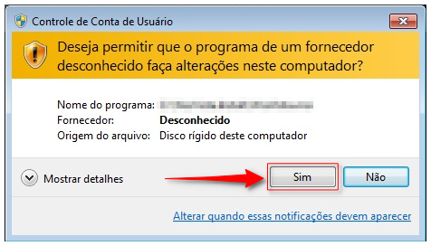 Janela de Controle de Conta de Usuário: clicar em Sim