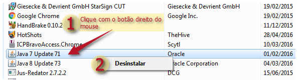 Captura de tela mostrando como exemplo o menu de contexto para desinstalar Java 8 Update 73 no Windows, com opções acessadas pelo botão direito do mouse.