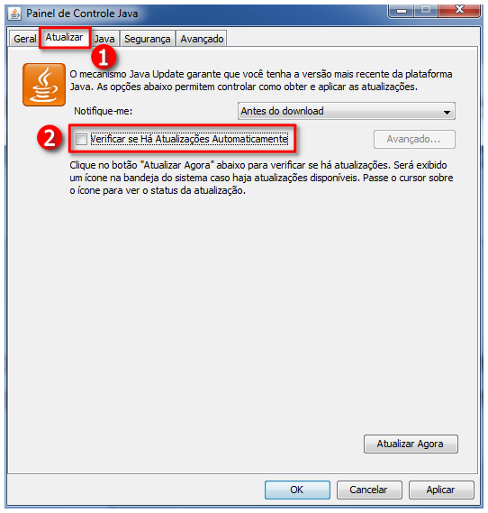 Captura de tela do Painel de Controle do Java, na aba Atualizar,  com destaque para a opção de 'verificar se há atualizações' desmarcada.