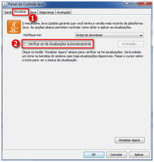 Janela do Painel de Controle do Java: clicar em Atualizar e marcar opção de Verificar se Há Atualizações Automaticamente
