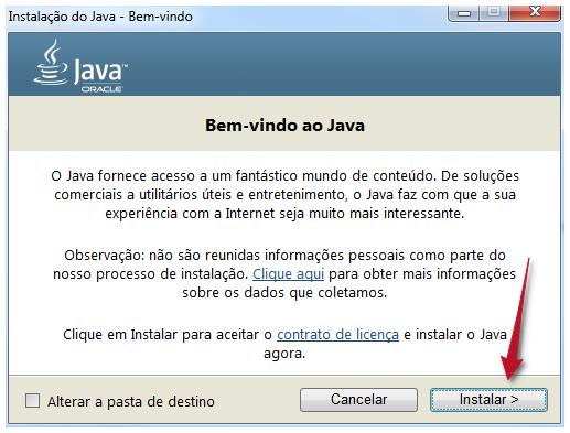 Captura da tela de instalação do Java mostrando o botão 'Instalar' e instruções de bem-vindo para configurar o Java no computador.