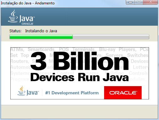 Captura de tela mostrando instalação do Java, destaque para o status de instalação.