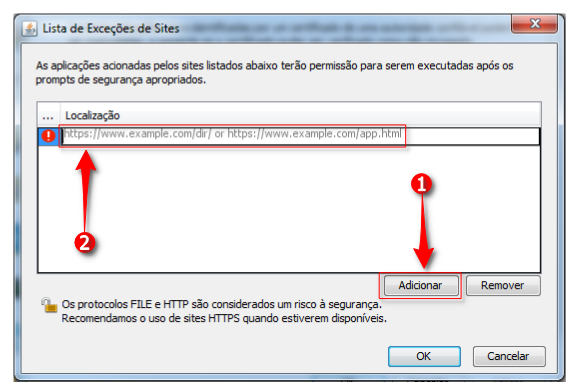 Captura de tela mostrando a lista de exceções de sites do Java, onde seta indica clique em Adicionar para permitir a execução do site do PJe.