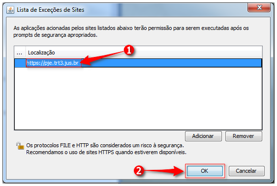Captura de tela de adição de exceções de sites , mostrando o site 'https://pje.trt3.jus.br' no campo localização e a seta para clicar no botão 'OK' para salvar as configurações.