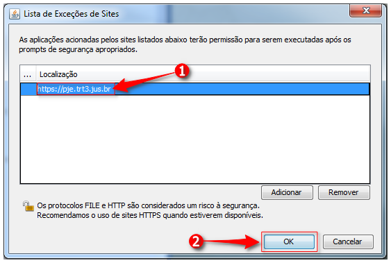 Janela de Lista de Exceções de Sites: inserir o endereço https://pje.trt3.jus.br