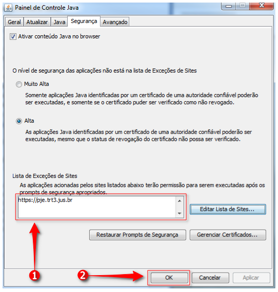 Captura da tela do painel de controle Java mostrando a aba segurança com site do pje na lista de sites e seta para clicar no botão OK.
