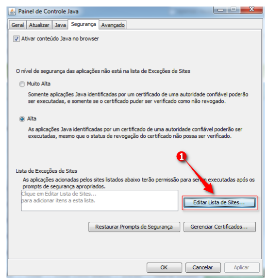 Captura da tela do Painel de Controle do Java, com foco na aba Segurança e clique na opção Editar Lista de Sites para gerenciar permissões de sites.