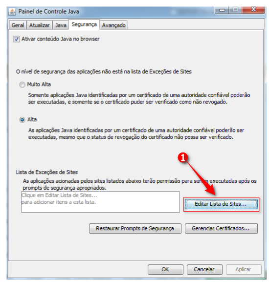 Janela do Painel de Controle do Java: clicar em Editar Lista de Sites