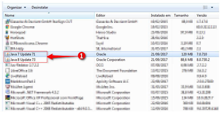 Captura dtela do Painel de Controle do computador exibindo as versões do Java instaladas no sistema Windows.
