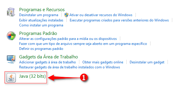 Captura de tela do Painel de Controle mostrando opções programas e seta indicando clique na opção Java.