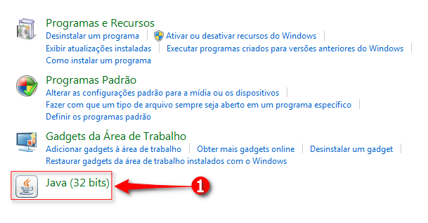 Janela Programas: clicar em Java(32 bits)