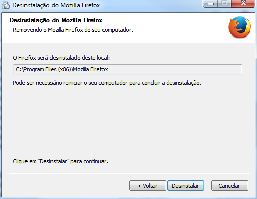 Janela de Desisntalação do Firefox: clicar em Desisntalar