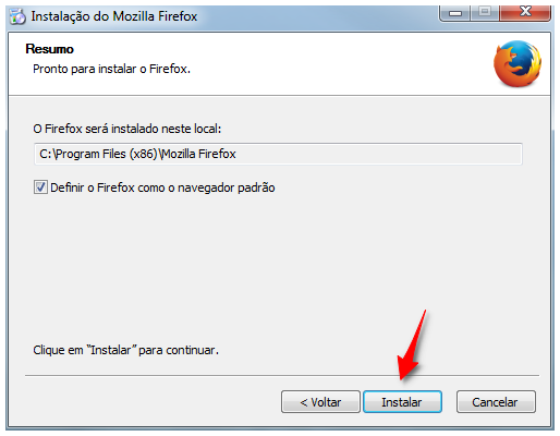 Tela de instalação do navegador Mozilla Firefox, mostrando o resumo das opções e seta para o botão 'Instalar'.