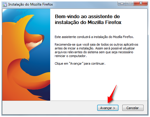 Janela do assistente de instalação do Mozilla Firefox com o botão 'Avançar' em destaque.