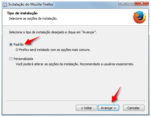 Tela para seleção do tipo de instalação do Mozilla Firefox, seta indica a opção 'Padrão' e o botão 'Avançar'.