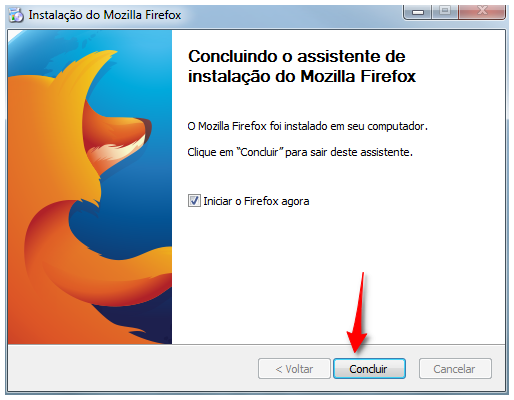 Janela de finalização da instalação do Mozilla Firefox no computador com botão 'Concluir' destacado e uma seta vermelha apontando para ele.