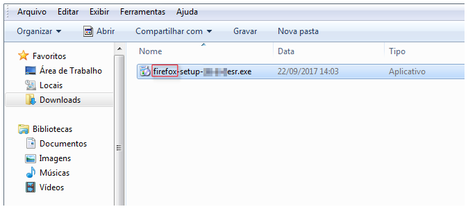 Captura de tela do Explorador de Arquivos do Windows, na pasta Downloads, mostrando um arquivo chamado 'firefox-setup.exe', que é um instalador do navegador Mozilla Firefox.