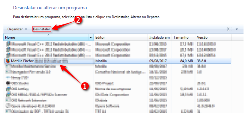 Janela de Painel de Controle: Desinstalar ou alterar um programa