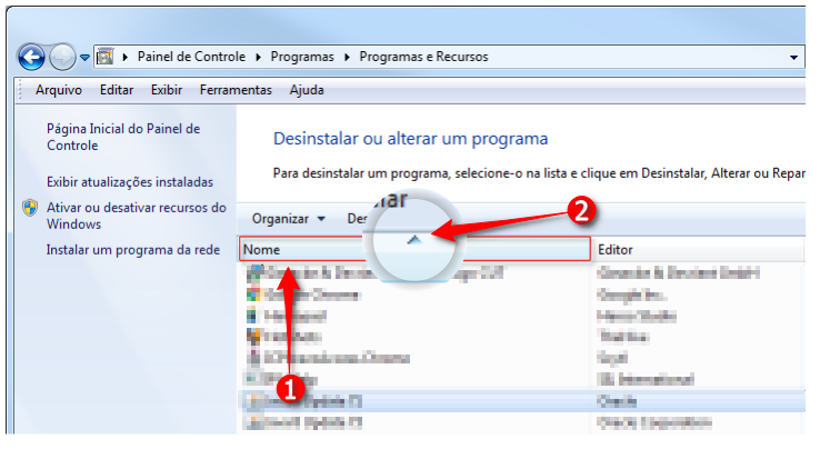 Janela de Painel de Controle: Desinstalar ou alterar um programa