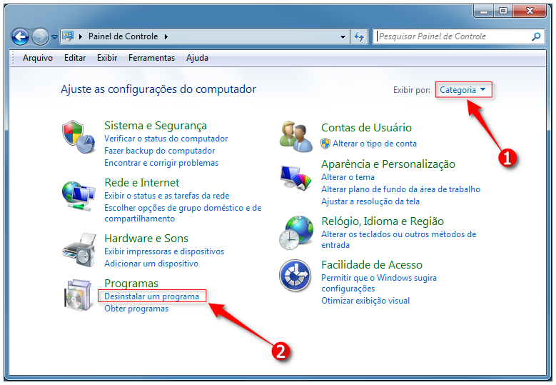 Janela de Painel de Controle: exibir por Categoria e clicar em Desinstalar um programa