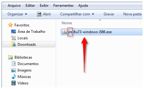Captura de tela de Downloads exibindo o arquivo executável do Java, localizado em uma janela do Windows.