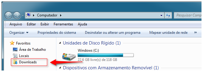 Janela do windows explorer - localizar a pasta Downloads