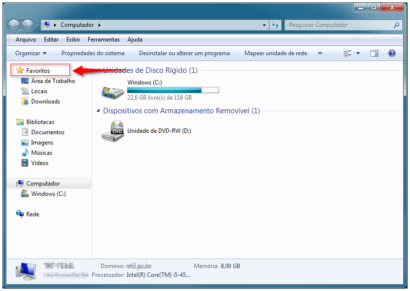 Janela do windows explorer - localizar a pasta Favoritos