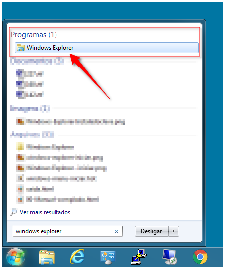 Captura de tela do menu iniciar do Windows mostrando a busca por 'Windows Explorer' na caixa de pesquisa do sistema operacional Windows.