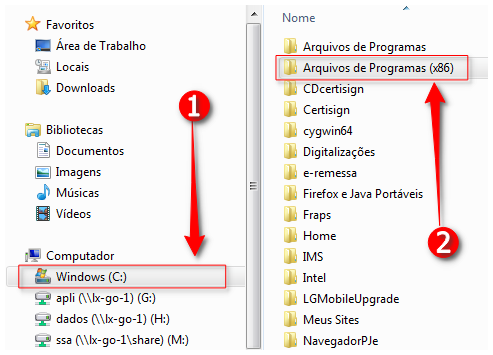 Janela do windows explorer - clicar duas vezes nas pastas Windows(C:) , depois na pasta Arquivos de Programas (x86)