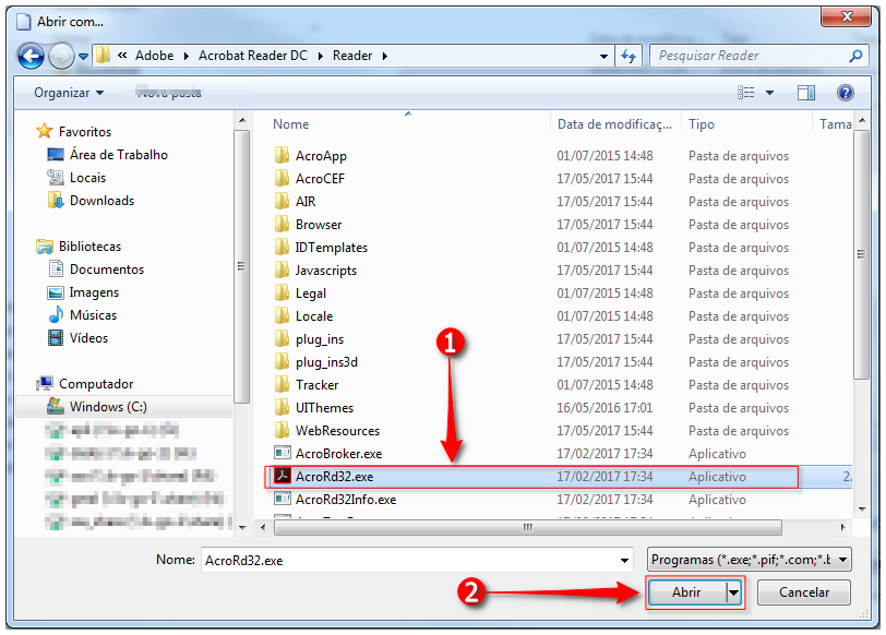  Selecionar o arquivo AcroRd32.exe e clicar em Abrir