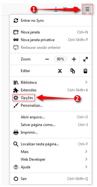 Janela do Firefox: clicar no Menu e depois em Opções